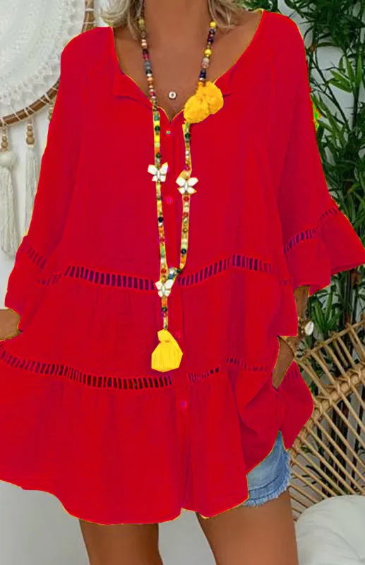V-Neck Cotton Linen Dress with Cutout Details