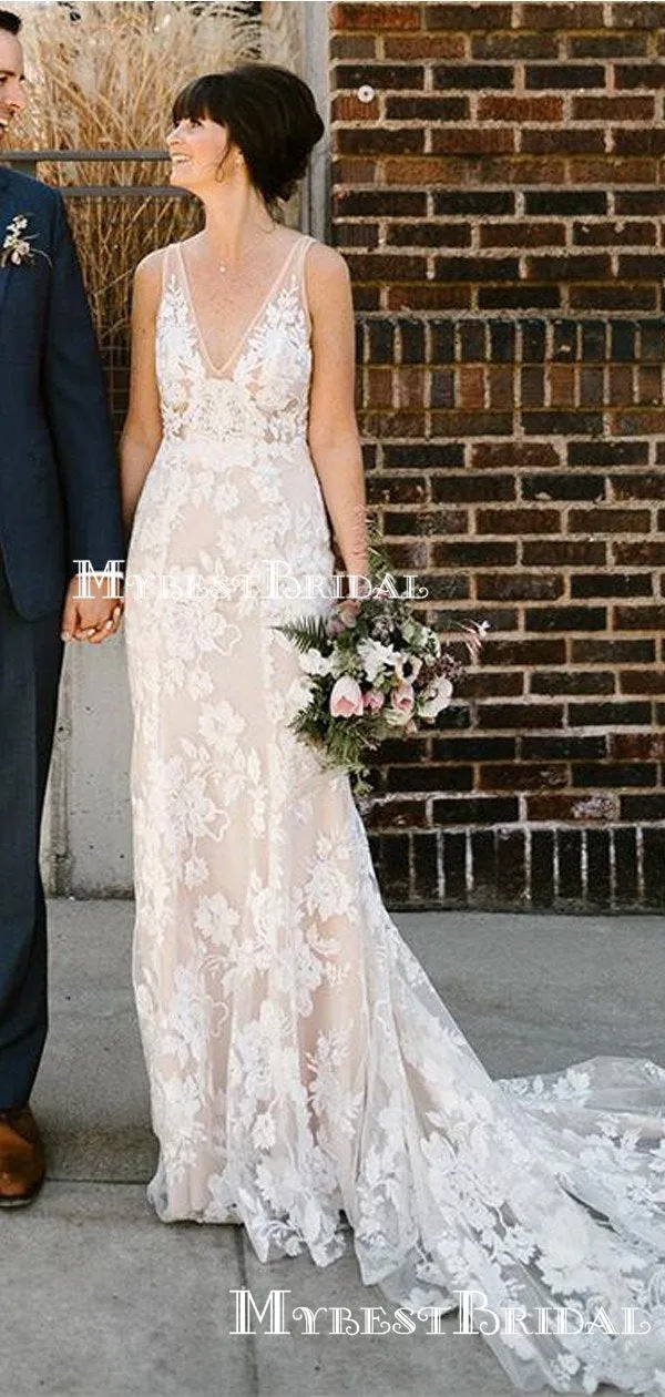V-neck Elegant Lace Mermaid Long Cheap Wedding Dresses, WDS0030