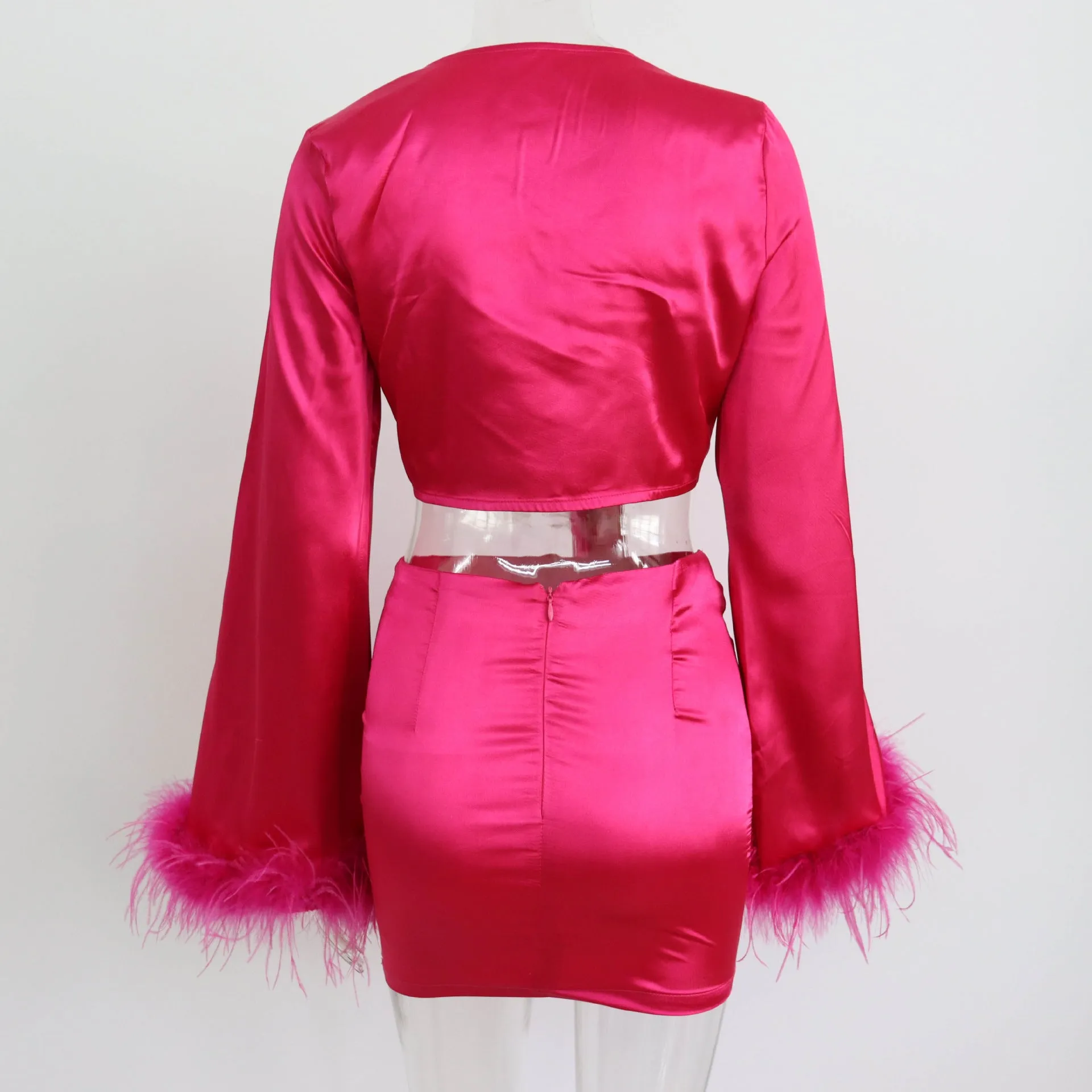 V neck Satin Set Feathers Patchwork Sexy Lace up Shorts Top Hips Gown.