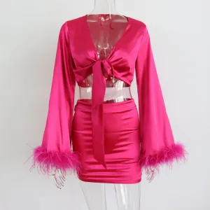 V neck Satin Set Feathers Patchwork Sexy Lace up Shorts Top Hips Gown.