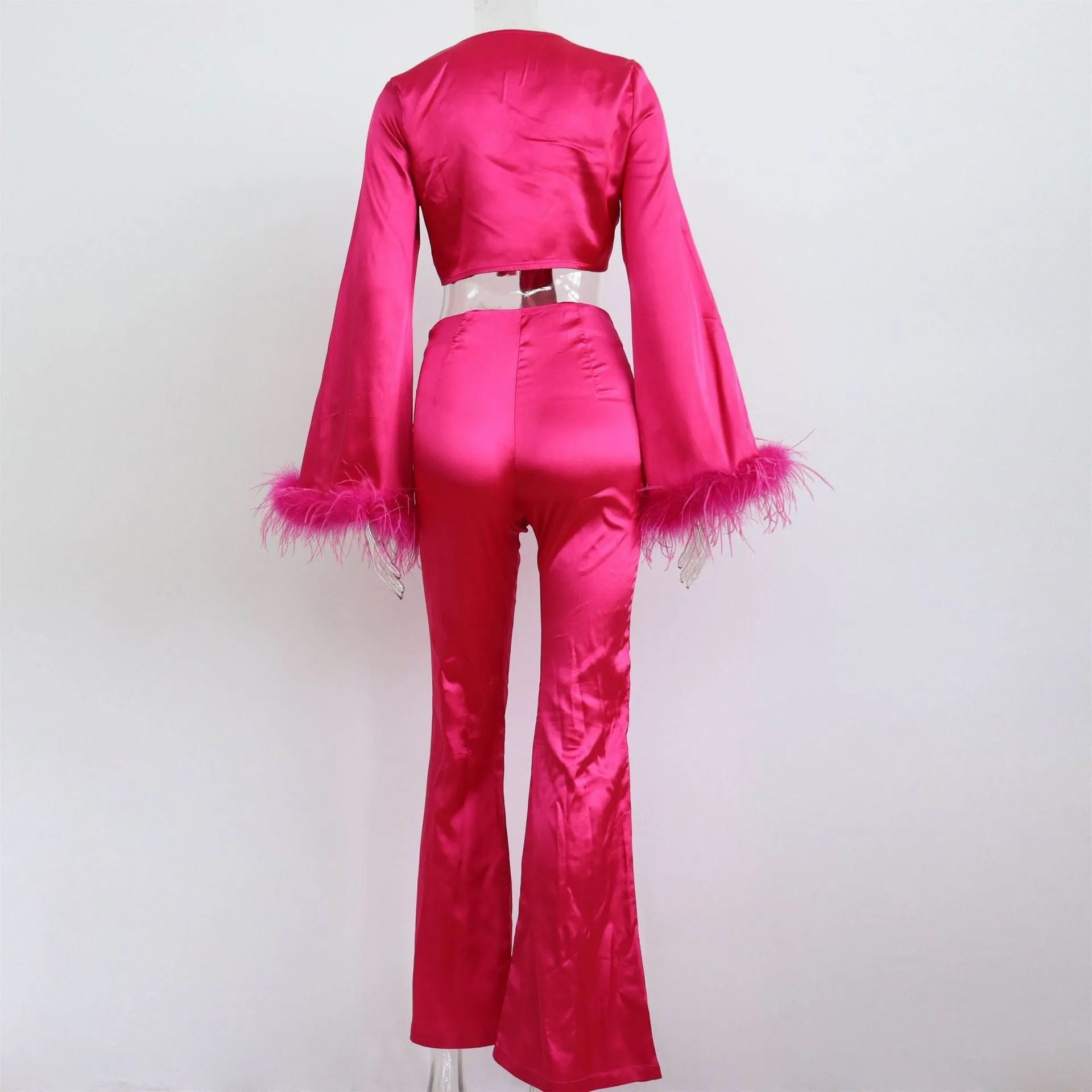 V neck Satin Set Feathers Patchwork Sexy Lace up Shorts Top Hips Gown.