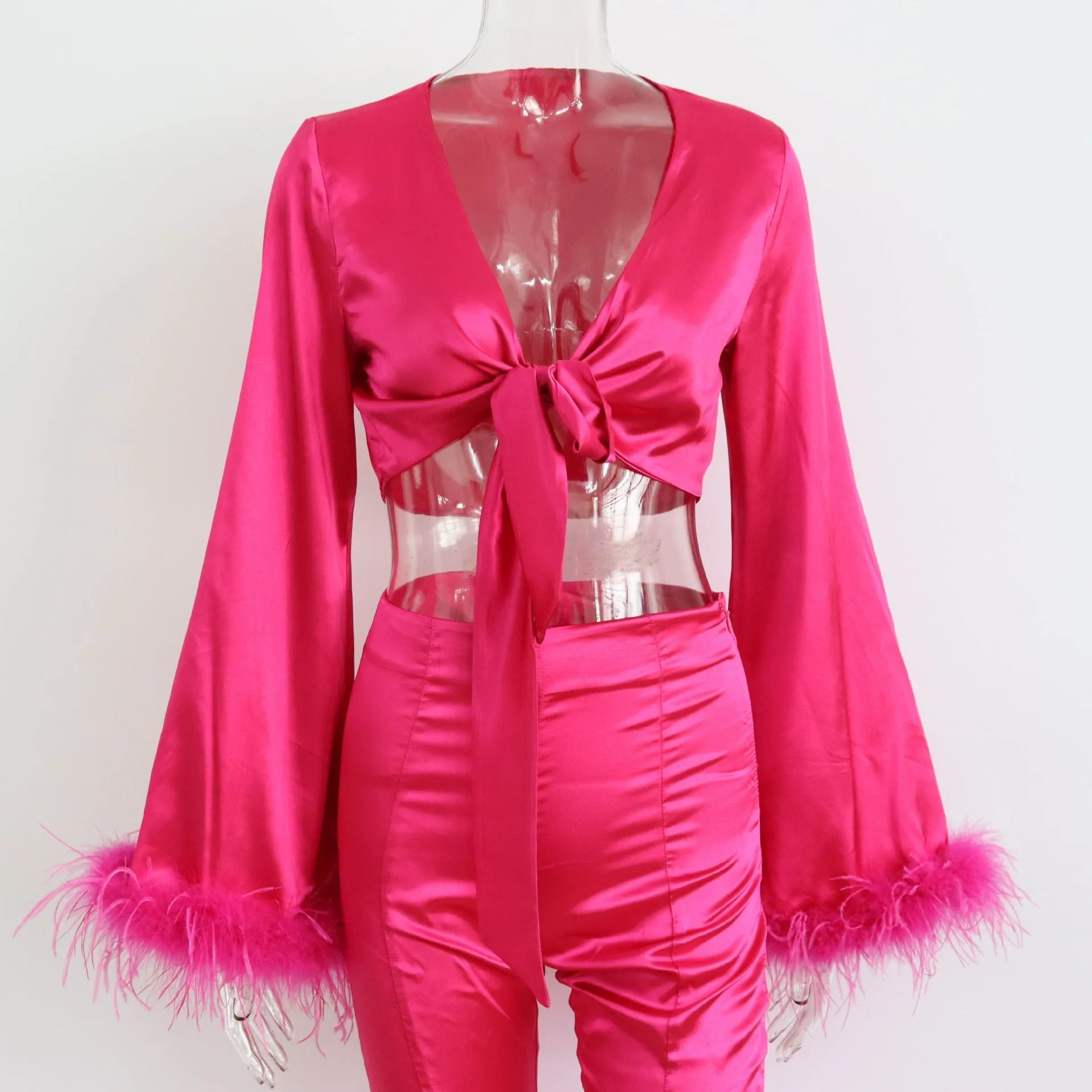V neck Satin Set Feathers Patchwork Sexy Lace up Shorts Top Hips Gown.