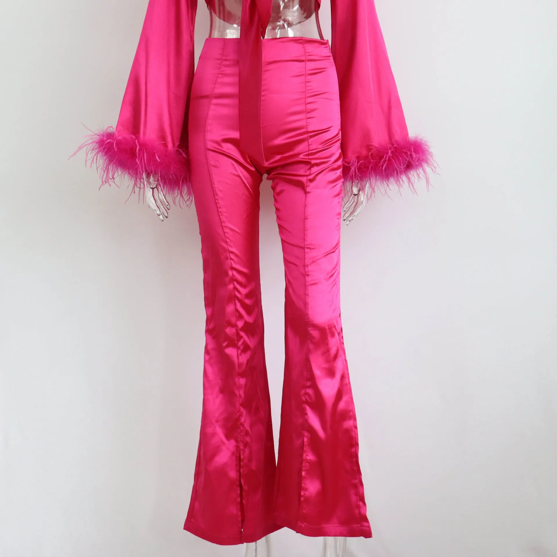 V neck Satin Set Feathers Patchwork Sexy Lace up Shorts Top Hips Gown.