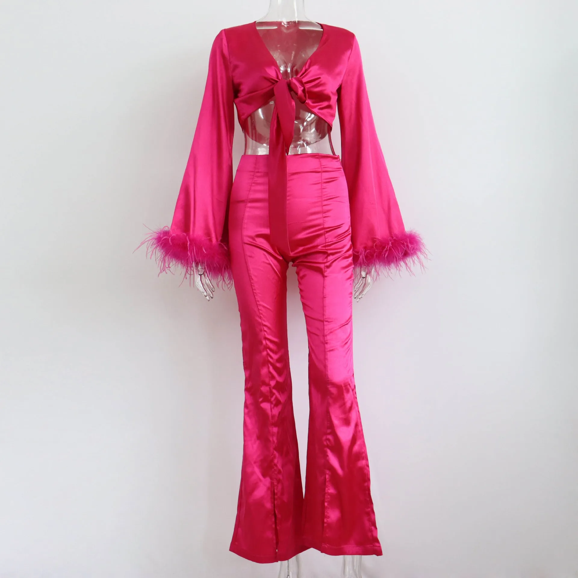 V neck Satin Set Feathers Patchwork Sexy Lace up Shorts Top Hips Gown.