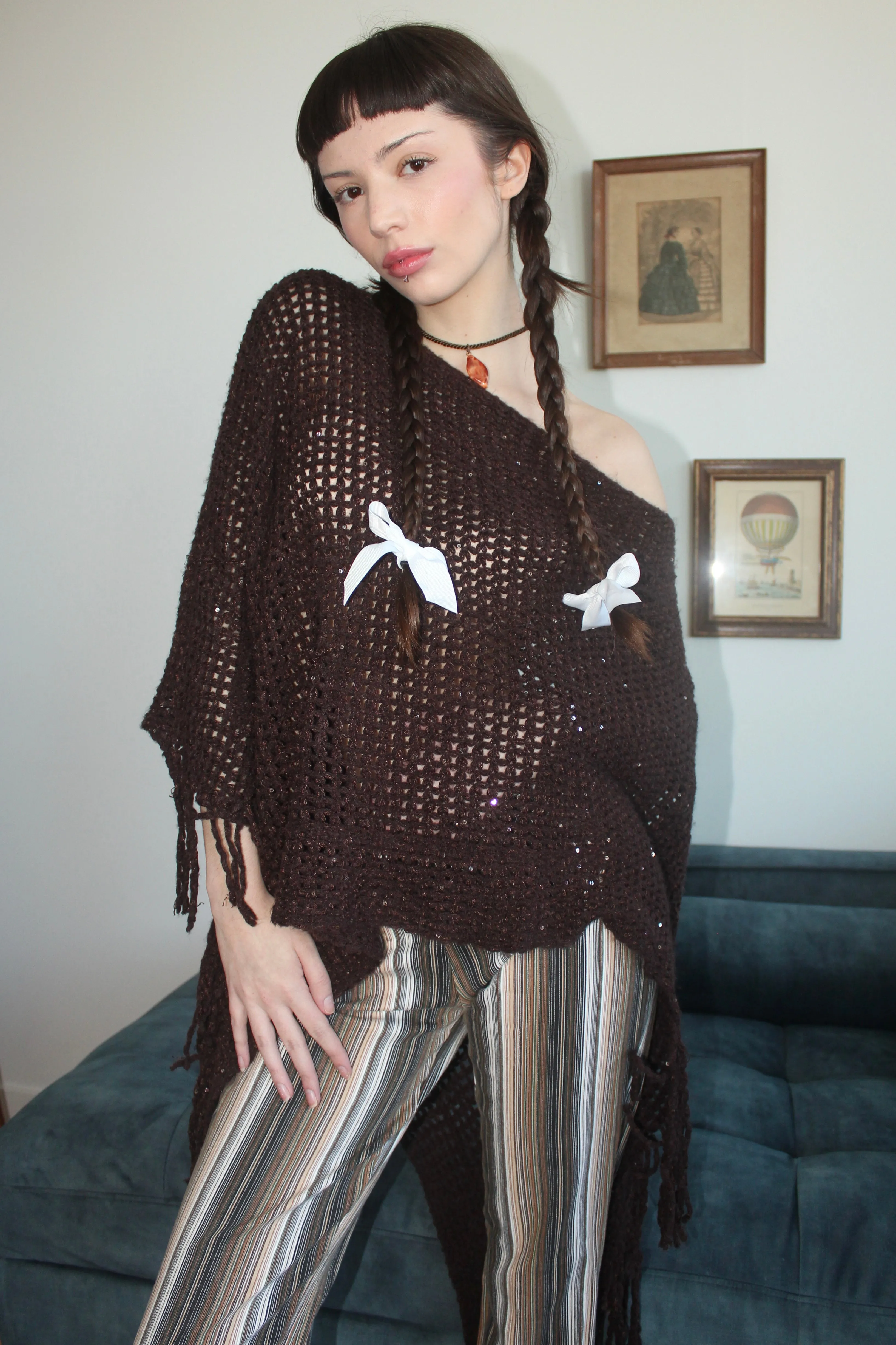 Vintage 90s Chocolate Fringe Poncho (One Size)