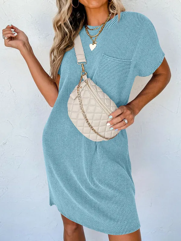 Wavy Striped Casual Dress with Ribbed Texture and Pocket