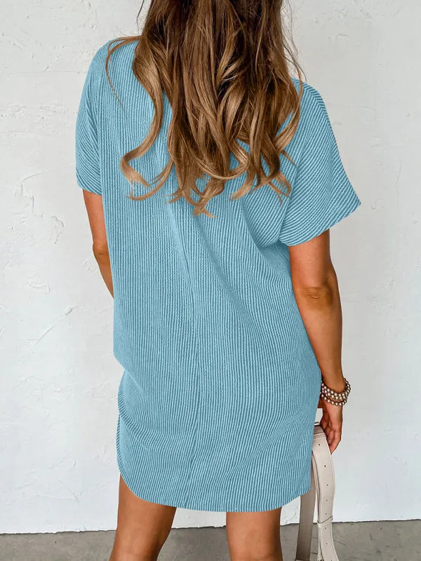 Wavy Striped Casual Dress with Ribbed Texture and Pocket