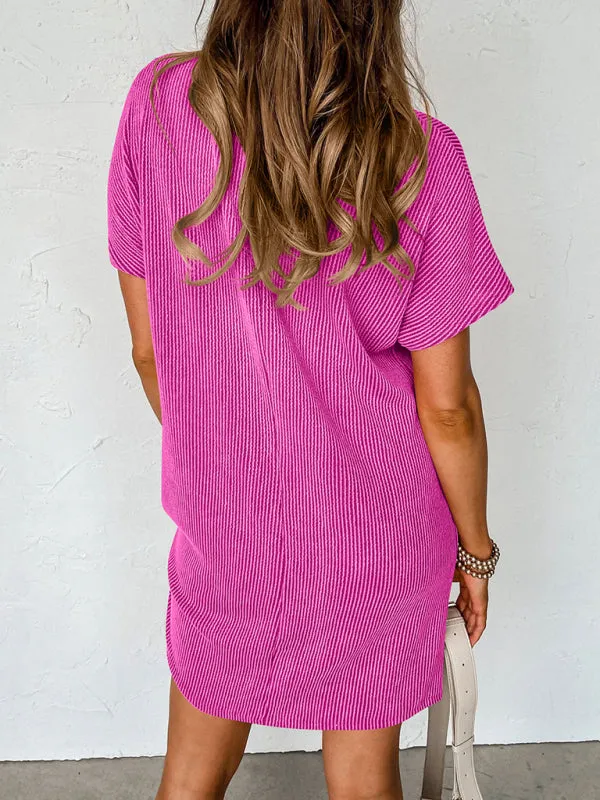 Wavy Striped Casual Dress with Ribbed Texture and Pocket