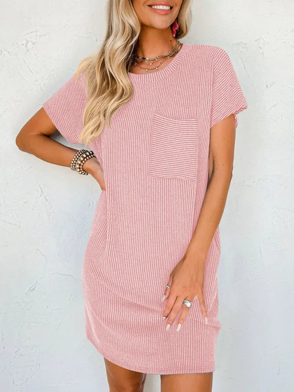 Wavy Striped Casual Dress with Ribbed Texture and Pocket