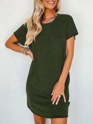Wavy Striped Casual Dress with Ribbed Texture and Pocket