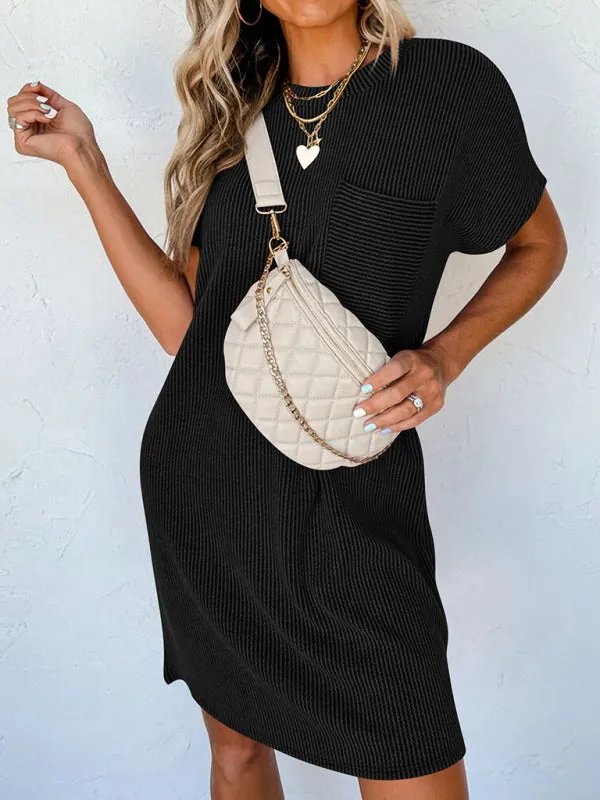 Wavy Striped Casual Dress with Ribbed Texture and Pocket