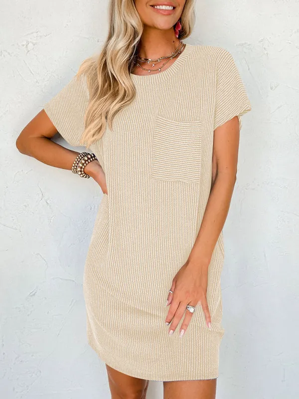 Wavy Striped Casual Dress with Ribbed Texture and Pocket