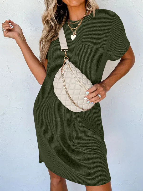 Wavy Striped Casual Dress with Ribbed Texture and Pocket