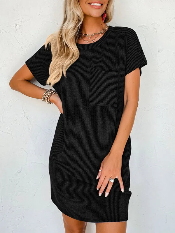 Wavy Striped Casual Dress with Ribbed Texture and Pocket