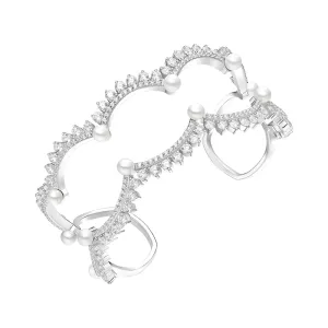 Wedding Lace Shell Pearl Silver Openwork Cuff Bracelet
