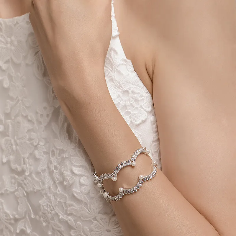 Wedding Lace Shell Pearl Silver Openwork Cuff Bracelet