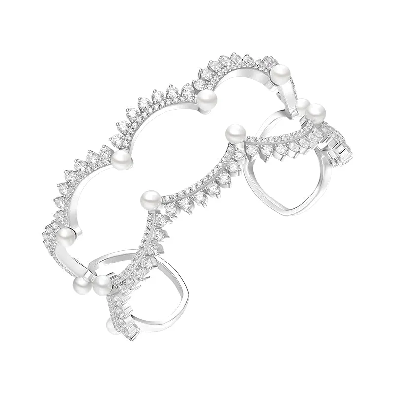 Wedding Lace Shell Pearl Silver Openwork Cuff Bracelet