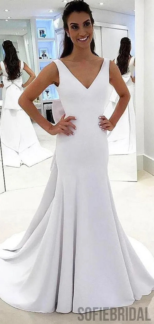 White V-neck Prom Dresses, Long Mermaid Prom Dresses, Cheap Prom Dresses, PD0742