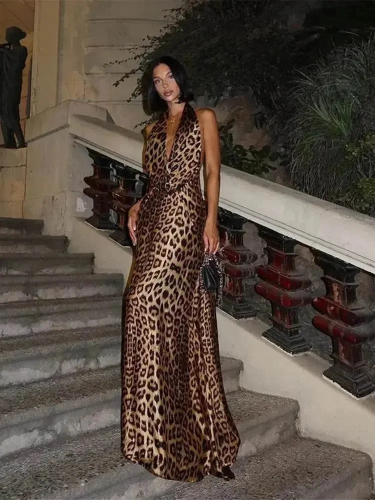 Women Elegant Leopard Print Long Dresses