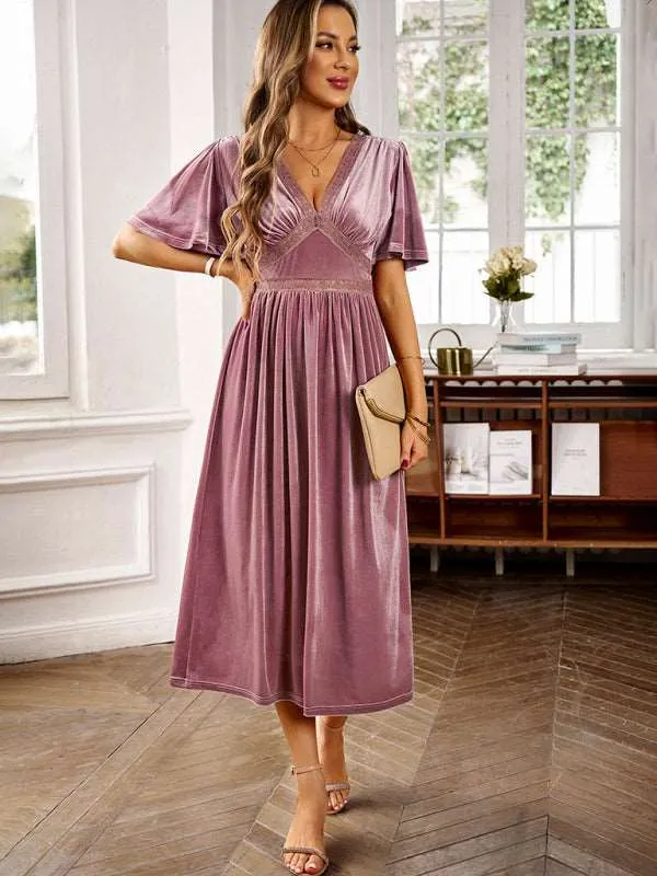 Women's elegant V-neck short-sleeved velvet dress