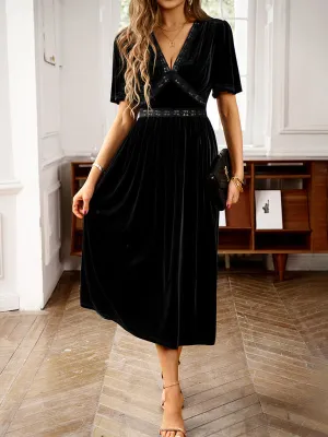 Women's elegant V-neck short-sleeved velvet dress