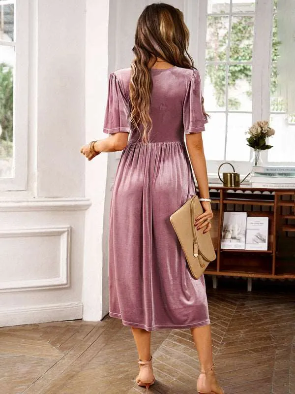 Women's elegant V-neck short-sleeved velvet dress