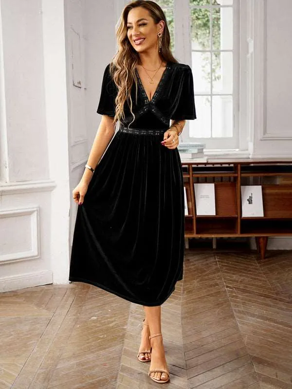 Women's elegant V-neck short-sleeved velvet dress