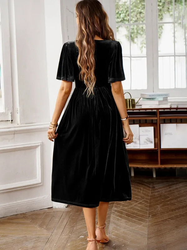 Women's elegant V-neck short-sleeved velvet dress