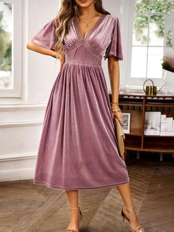 Women's elegant V-neck short-sleeved velvet dress