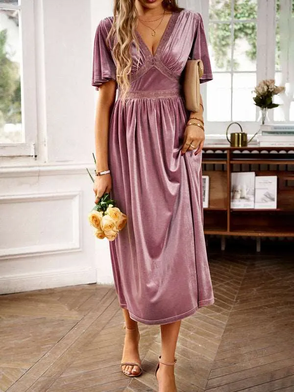 Women's elegant V-neck short-sleeved velvet dress