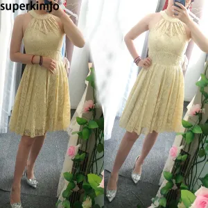 yellow bridesmaid dresses short lace beaded neck elegant knee length cute gold wedding party dresses
